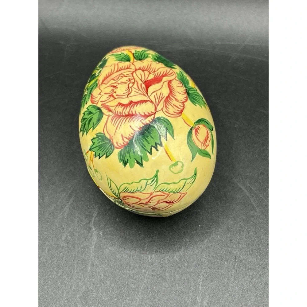 Vtg Laquer Egg Trinket Box Rose India 3